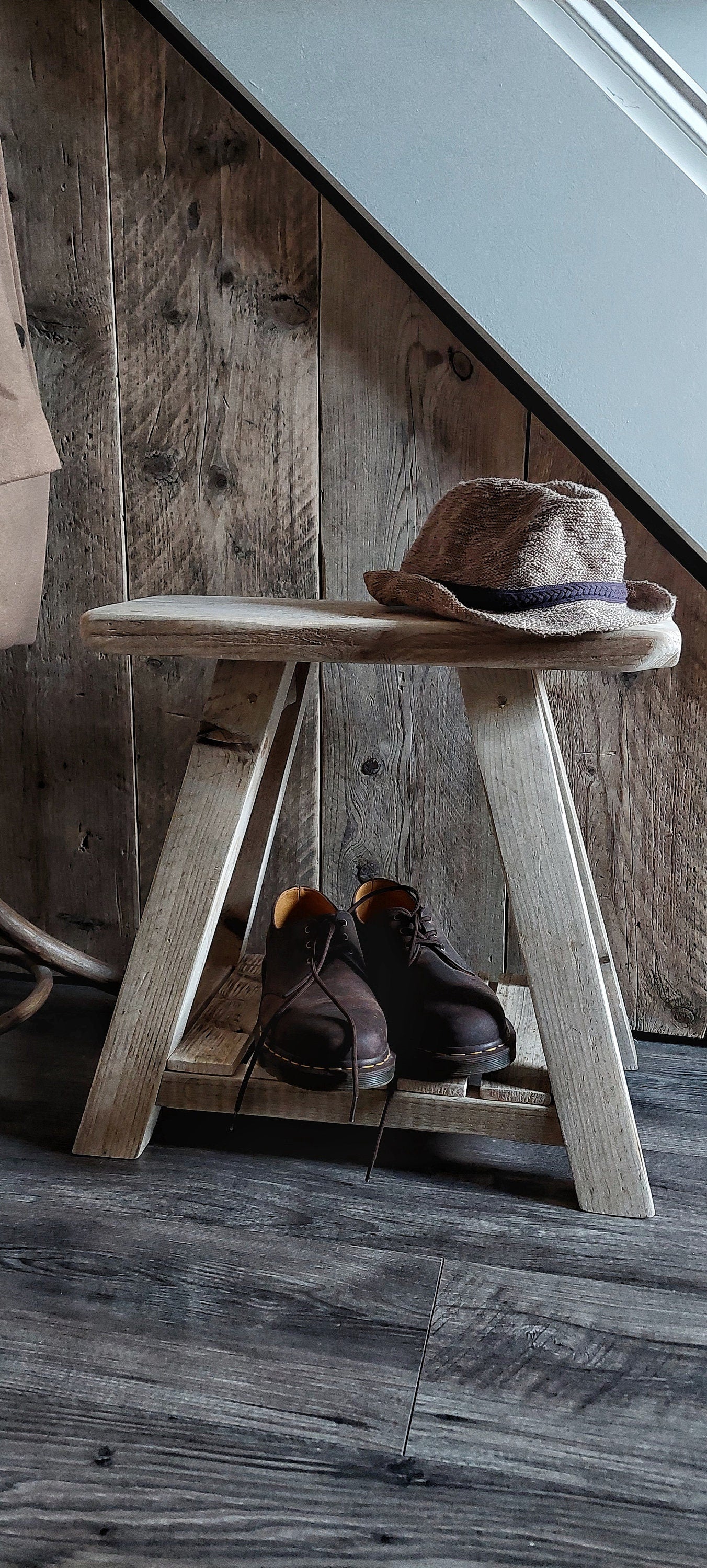 Rustic Wooden Stool with Shelf TEXAS