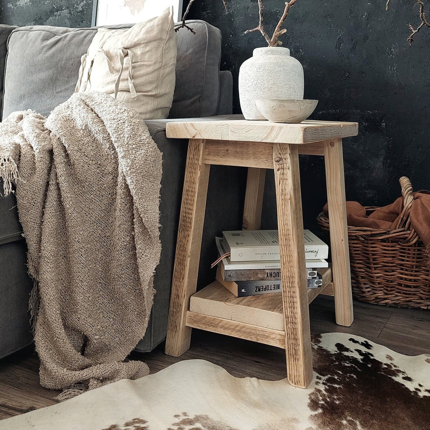 Rustic Wooden Bedside Side Table Nightstand with Shelf