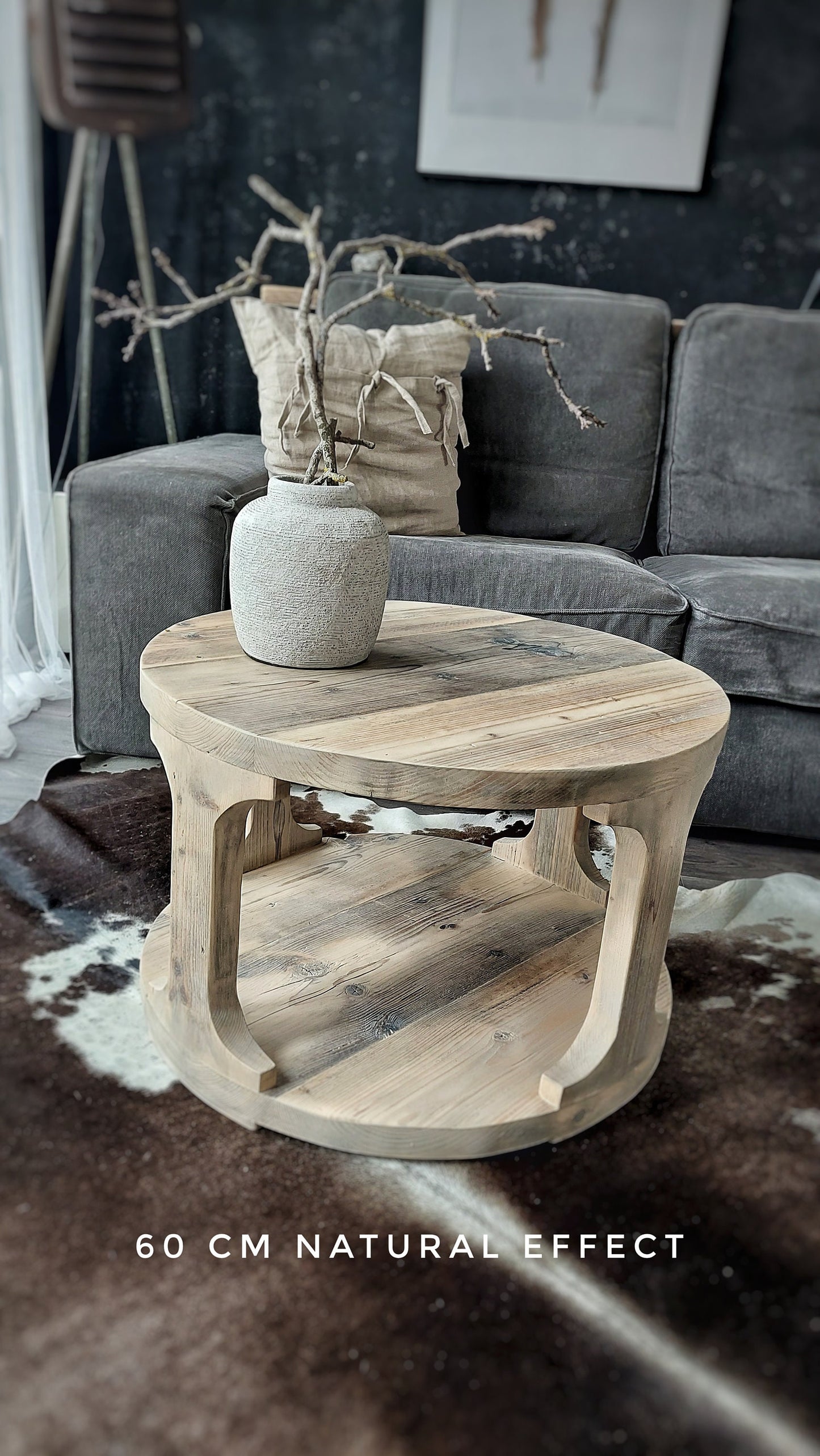 Rustic Wooden Round Coffee Table / Low Coffee Table with Shelf / Wooden Side Table / Round Bedside Table