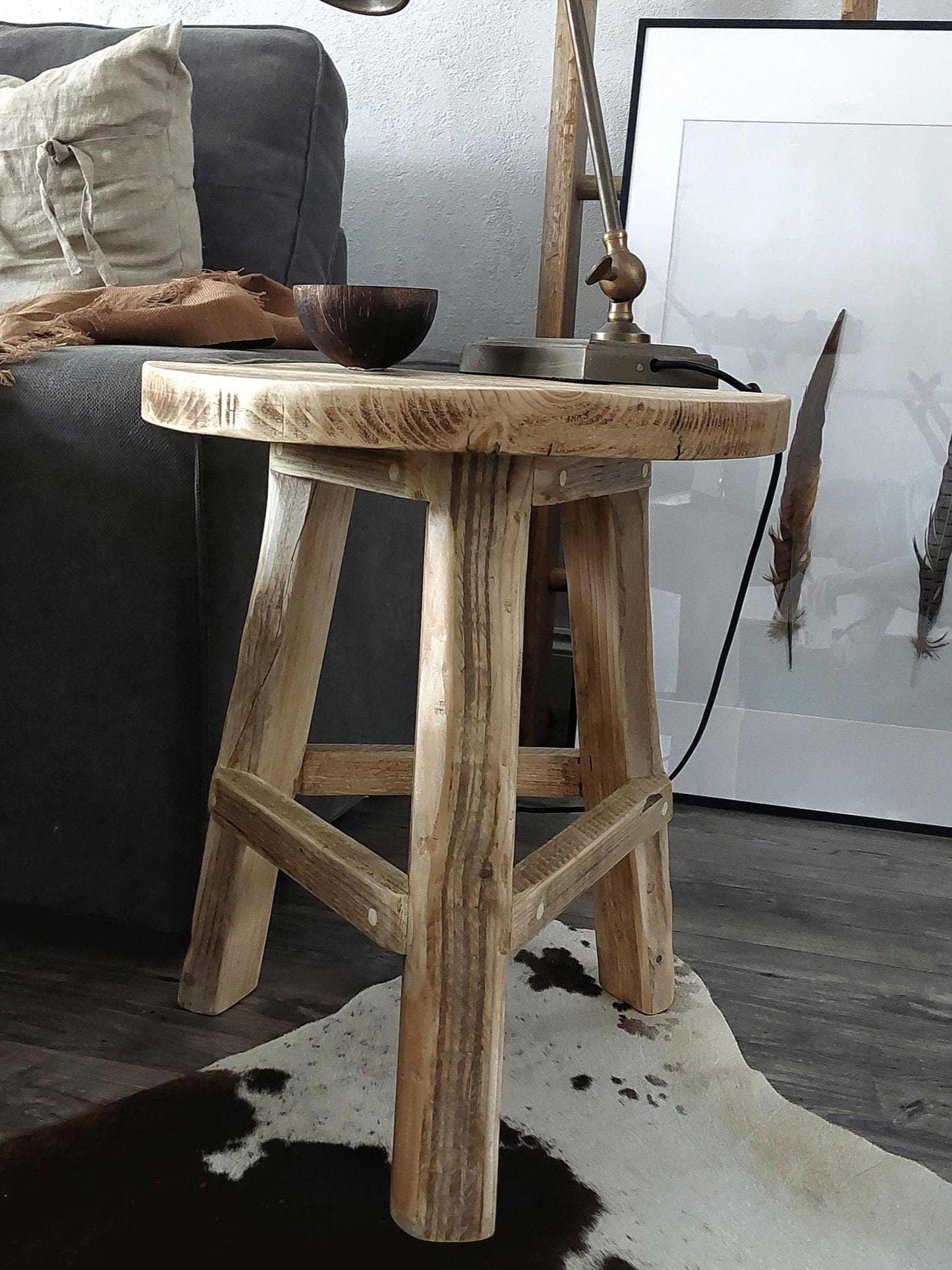 Rustic Wooden Bedside Table Nightstand Side Stool Hallway Furniture Round