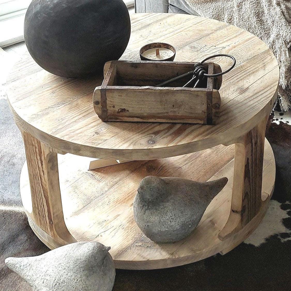 Rustic Wooden Round Coffee Table / Low Coffee Table with Shelf / Wooden Side Table / Round Bedside Table