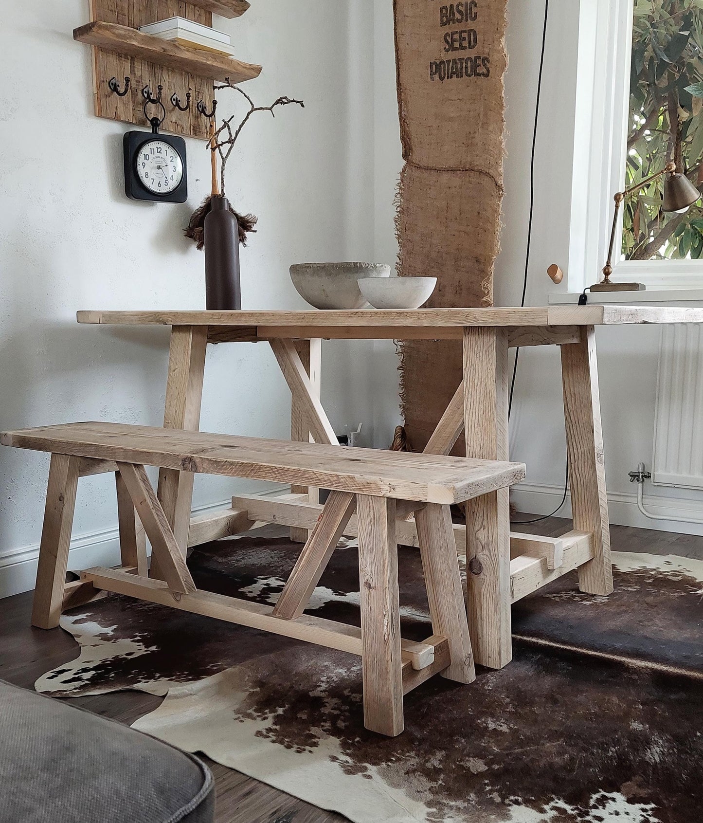 Narrow Rustic Wooden Bench | Farmhouse Entryway or Dining Table Bench| Handmade Solid Wood Furniture
