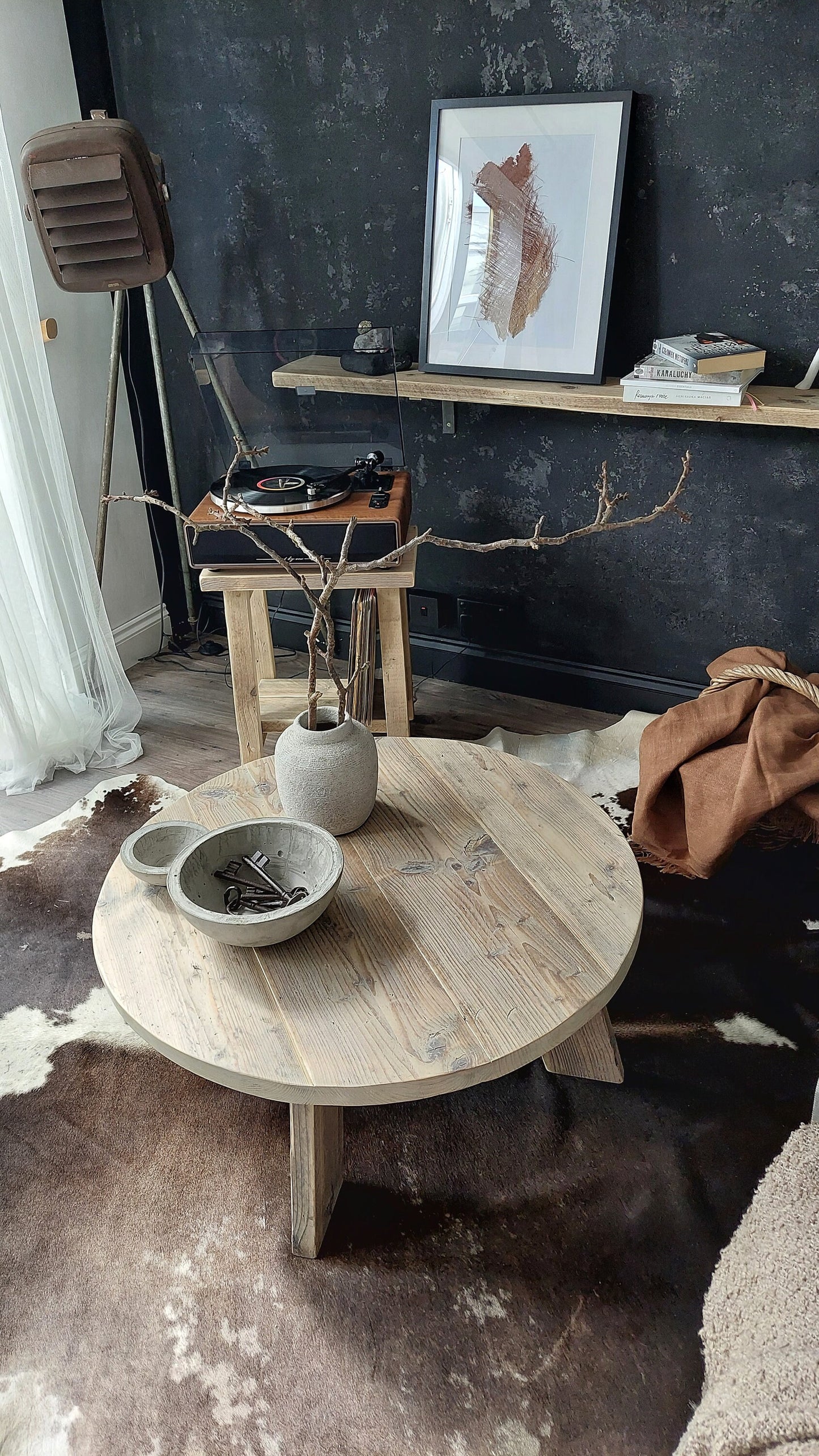 Rustic Round Wood Coffee Table | Wooden Living Room Table | Handmade Farmhouse Sofa Table | Reclaimed Wood Table