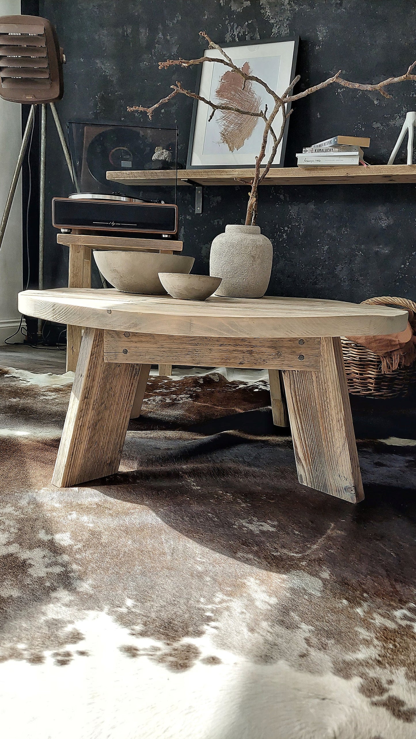 Rustic Round Wood Coffee Table | Wooden Living Room Table | Handmade Farmhouse Sofa Table | Reclaimed Wood Table