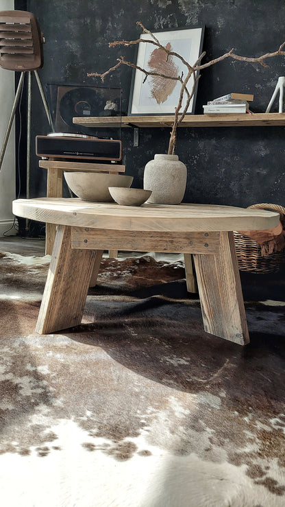 Rustic Round Wood Coffee Table | Wooden Living Room Table | Handmade Farmhouse Sofa Table | Reclaimed Wood Table