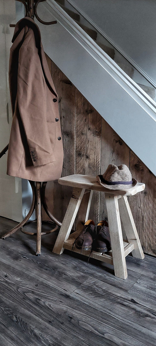 Rustic Wooden Stool with Shelf TEXAS
