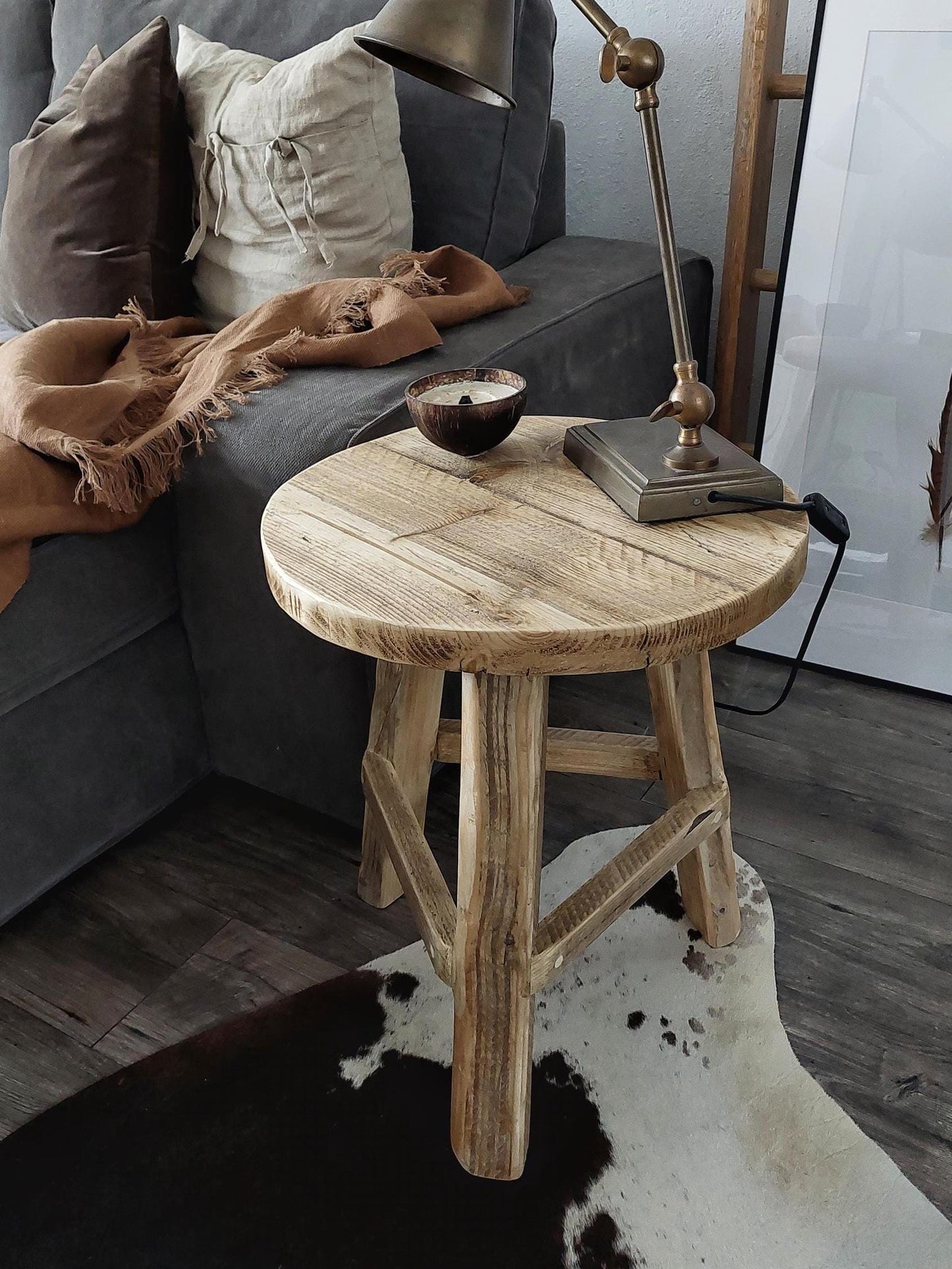 Rustic Wooden Bedside Table Nightstand Side Stool Hallway Furniture Round