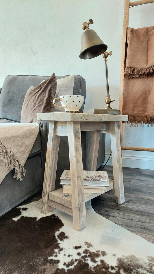 Rustic Wooden Bedside Side Table - Nightstand with Shelf - Narrow Wood Stool