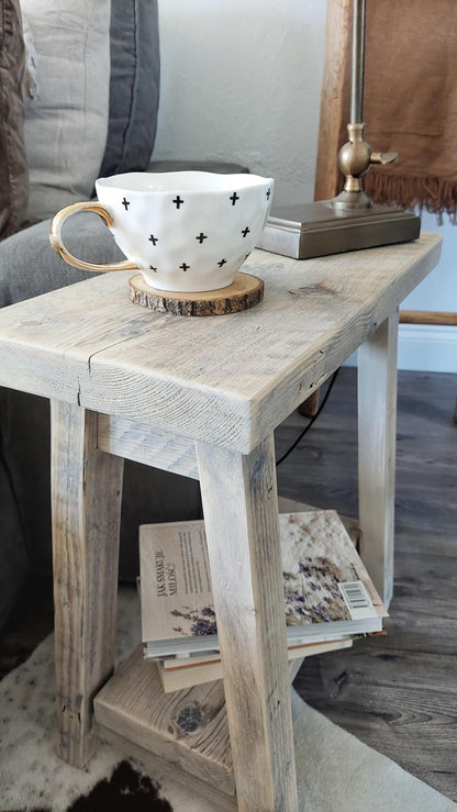Rustic Wooden Bedside Side Table - Nightstand with Shelf - Narrow Wood Stool