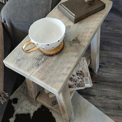 Rustic Wooden Bedside Side Table - Nightstand with Shelf - Narrow Wood Stool