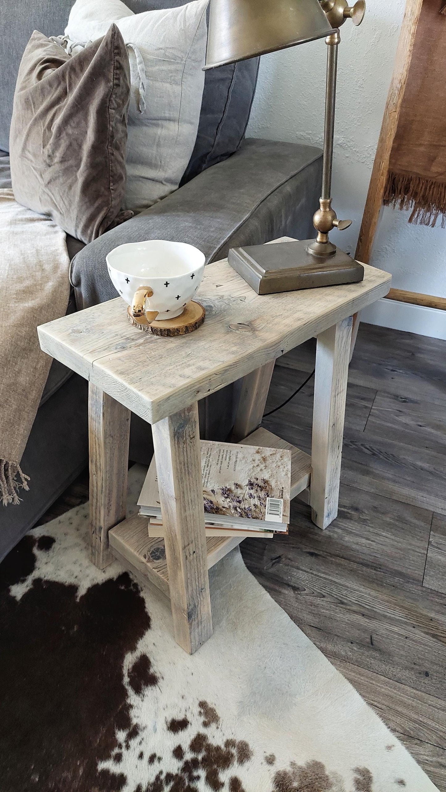 Rustic Wooden Bedside Side Table - Nightstand with Shelf - Narrow Wood Stool