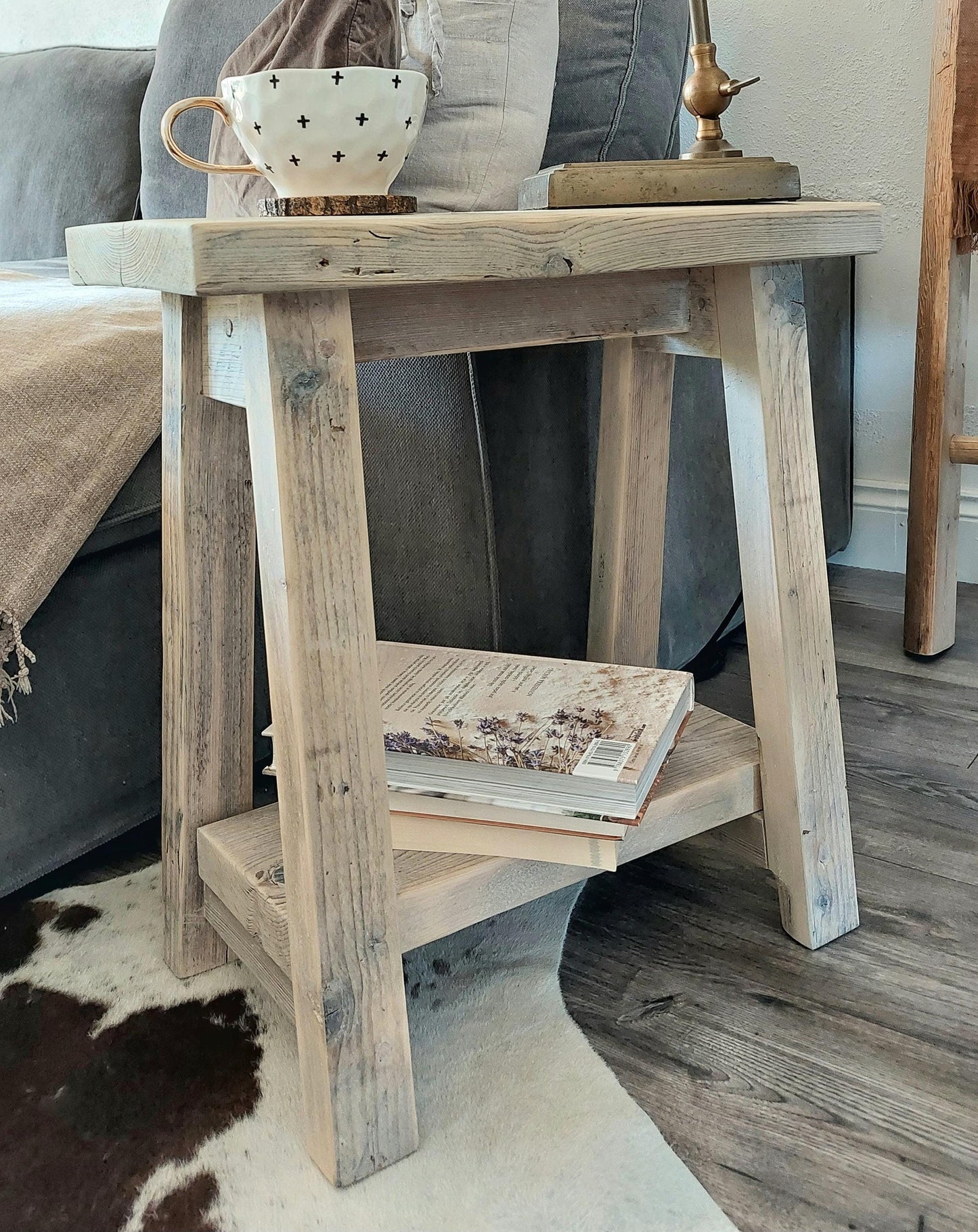 Rustic Wooden Bedside Side Table - Nightstand with Shelf - Narrow Wood Stool