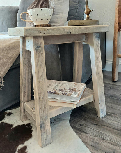 Rustic Wooden Bedside Side Table - Nightstand with Shelf - Narrow Wood Stool