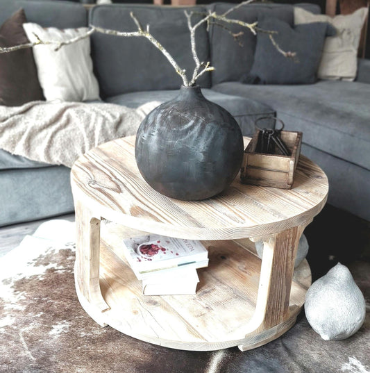 Rustic Wooden Round Coffee Table / Low Coffee Table with Shelf / Wooden Side Table / Round Bedside Table