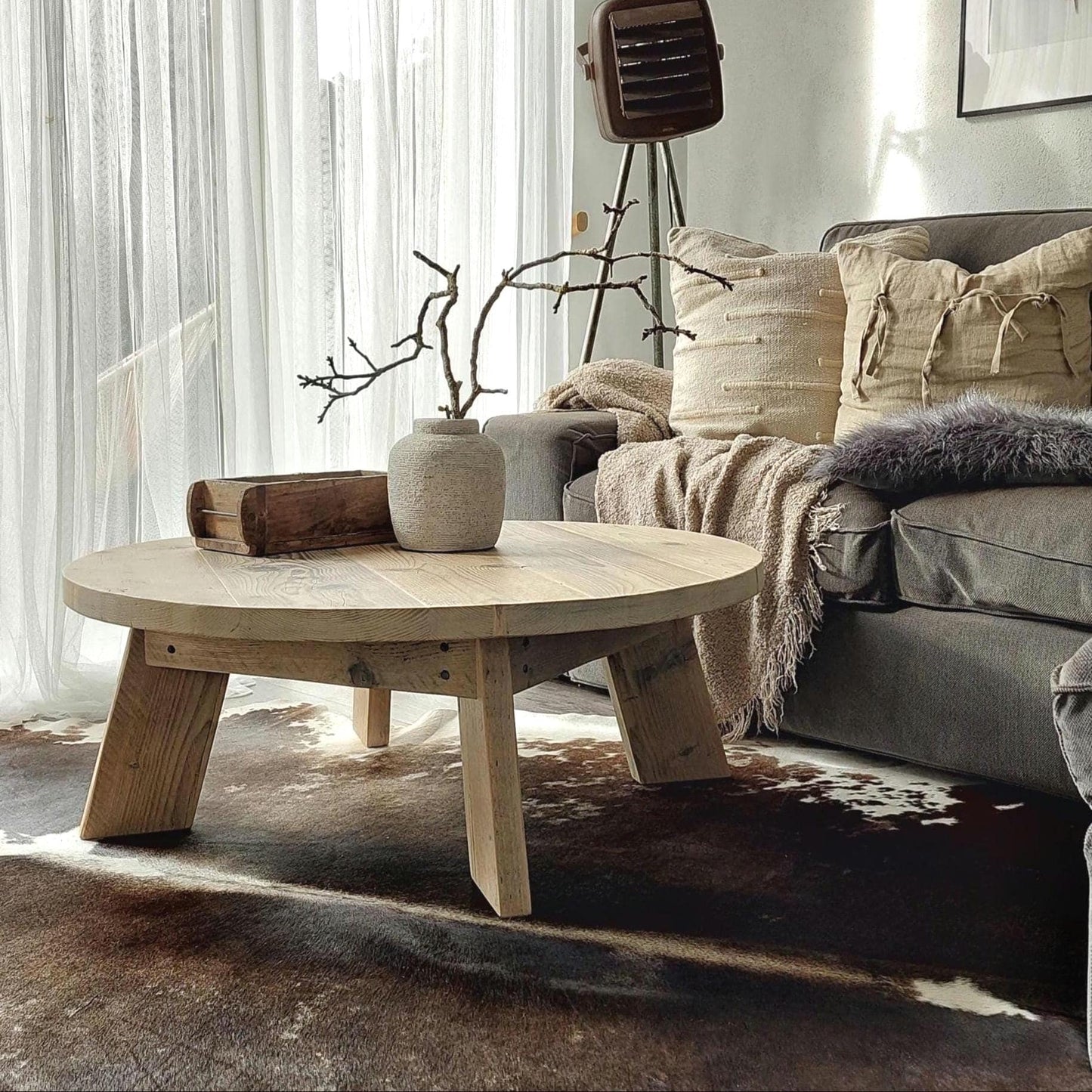 Rustic Round Wood Coffee Table | Wooden Living Room Table | Handmade Farmhouse Sofa Table | Reclaimed Wood Table